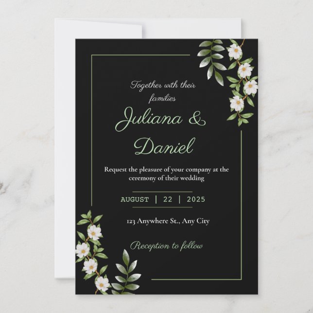 Invitación Negro clásico con Boda Camellia blanco (Anverso)