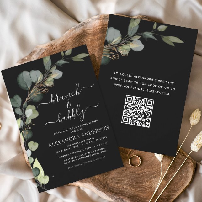 Invitación Negro Código QR Brunch & Bubbly Eucalyptus (Subido por el creador)
