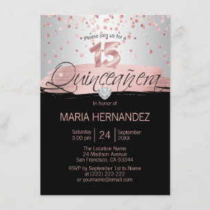 Invitación Negro color de rosa rosado de plata QUINCEANERA 15