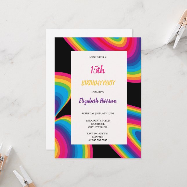 Invitación negro con arcoíris groovy fiesta de cumpleaños ond (Anverso/Reverso In Situ)