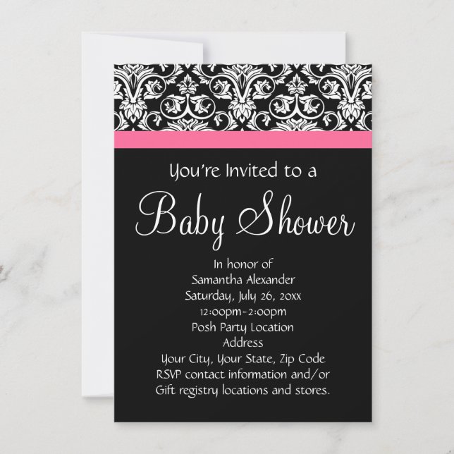 Invitación Negro con Baby Shower de damasco rosado (Anverso)