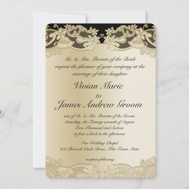 Invitación Negro con Boda de diseño floral de oro (Anverso)
