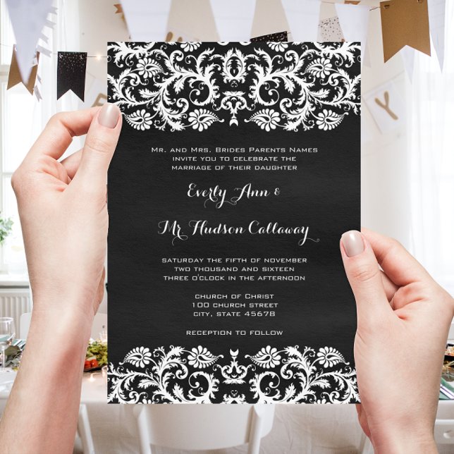 Invitación Negro con Boda de encaje de damasco blanco (Subido por el creador)