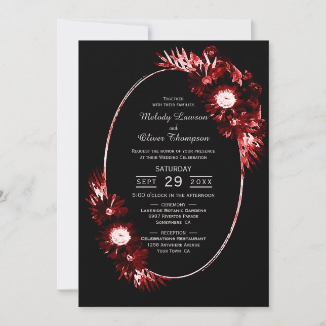Invitación Negro con Boda de Floral Roja Borgoña (Anverso)
