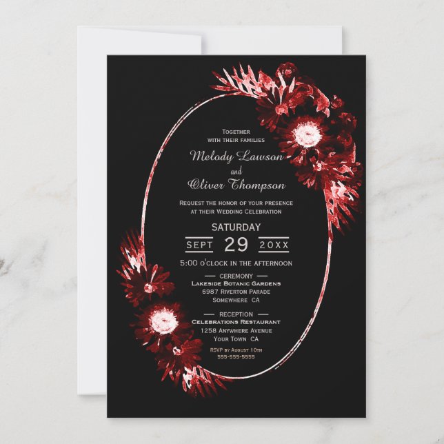 Invitación Negro con Boda de Floral Roja Borgoña (Anverso)