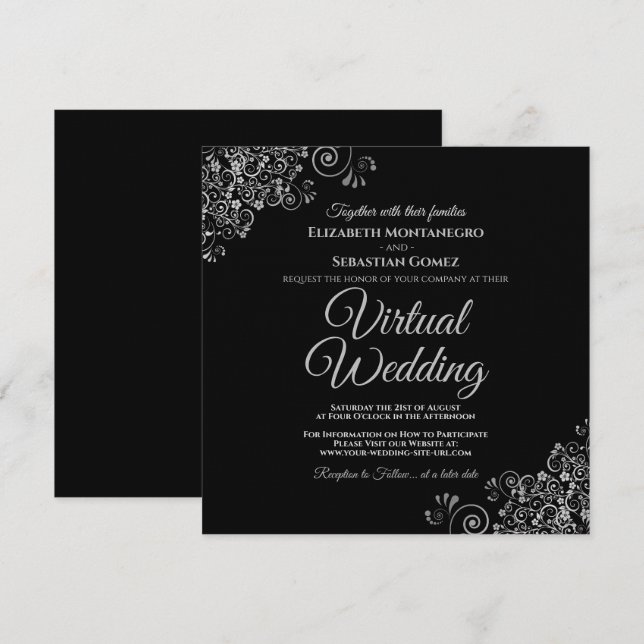 Invitación Negro con Boda virtual elegante de Lacy Silver (Anverso / Reverso)