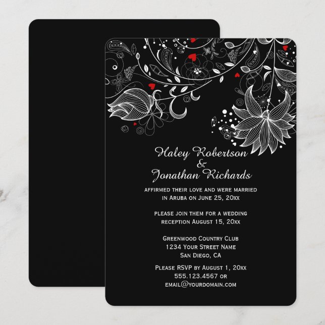 Invitación Negro con Flores Blancas Abstractas Corazones Roja (Anverso / Reverso)