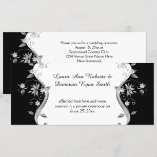 Invitación Negro con flores plateadas Ornate Swirls Recepción