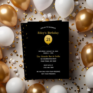 Invitación Negro con globo de oro y cumpleaños de Confetti