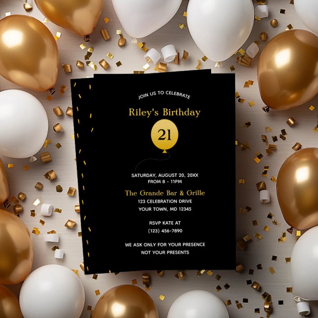 Invitación Negro con globo de oro y cumpleaños de Confetti (Subido por el creador)