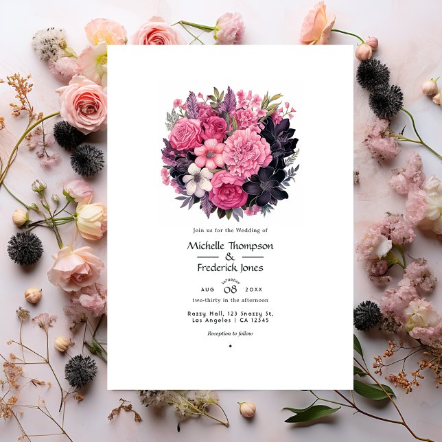 Invitación Negro con la mecha suave de primavera floral rosa (Subido por el creador)
