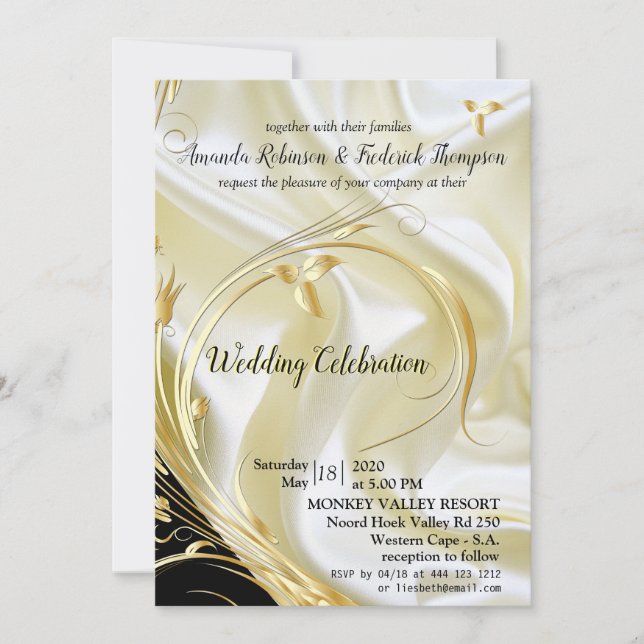 Invitación Negro con oro en Boda de seda de champán (Anverso)