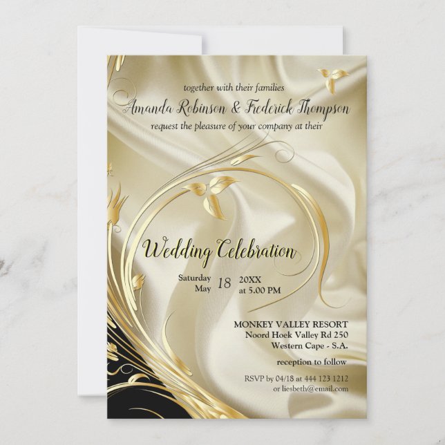 Invitación Negro con oro en Boda de seda de champán (Anverso)