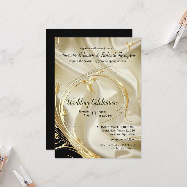 Invitación Negro con oro en Boda de seda de champán (Black with Gold on Champagne Silk Wedding Invitation )