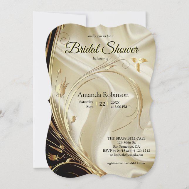 Invitación Negro con oro en la ducha de novia de seda de cham (Anverso)