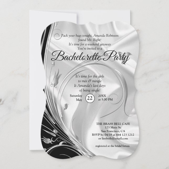 Invitación Negro con plata en bachillerato de seda de champag (Anverso)