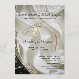 Invitación Negro con plata y oro en Boda de seda de champán