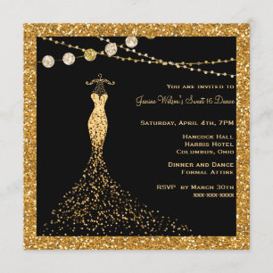 Invitación Negro con Purpurina dorado dulce 16
