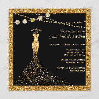 Invitación Negro con Purpurina dorado dulce 16
