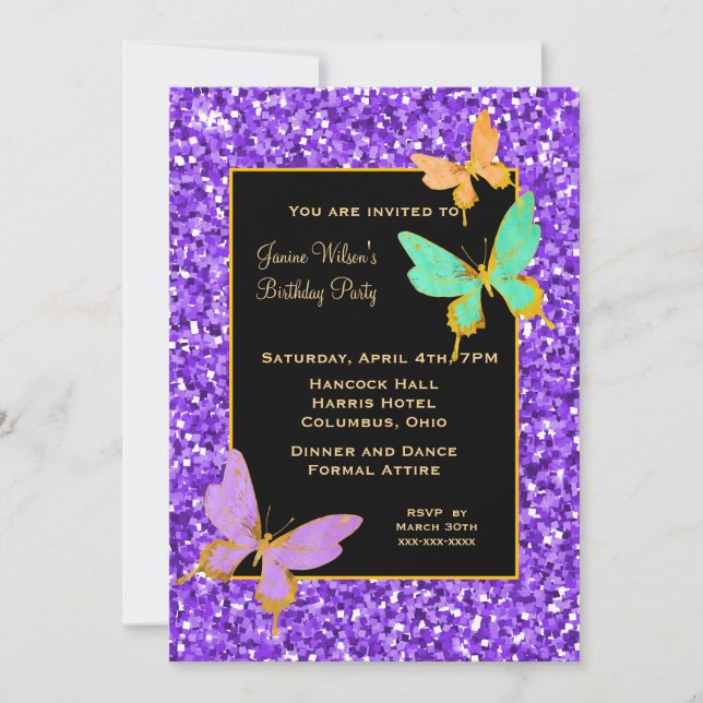 Invitación Negro con Purpurina morado y mariposas Cumpleaños (Anverso)