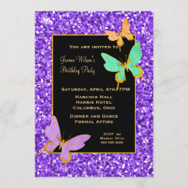 Invitación Negro con Purpurina morado y mariposas Cumpleaños