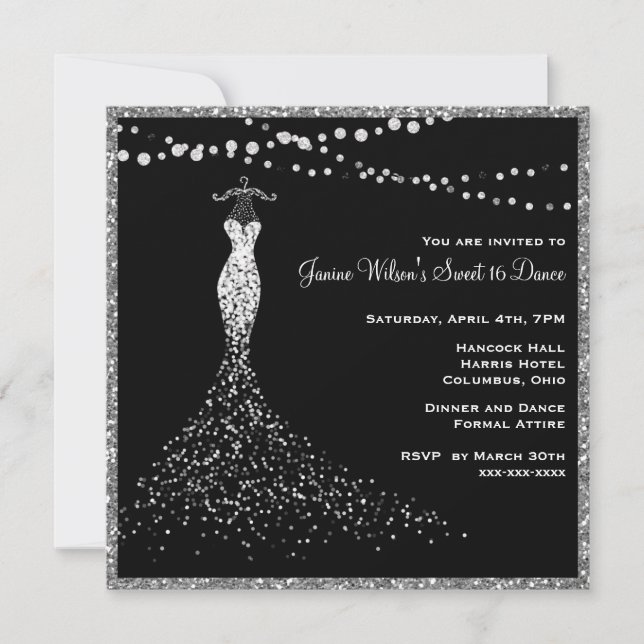 Invitación Negro con Purpurina plateado dulce 16 (Anverso)