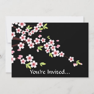 Invitación Negro con Sakura color rosa y verde flor de cerezo