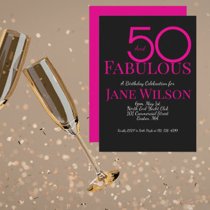 Invitación Negro con Texto Rosa 50 y Cumpleaños Fabuloso