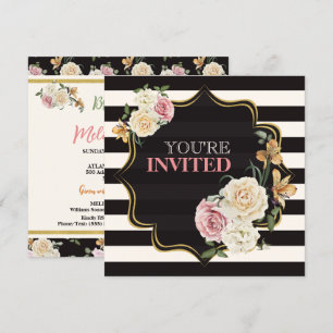 Invitación Negro cuadrado, rayas de marfil, ducha de novia fl