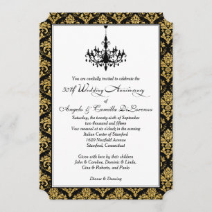 Invitación Negro, Damasco Dorado, Candil 50 Aniversario