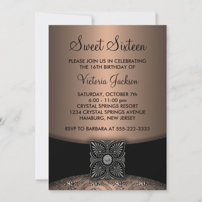 Invitación Negro Damask Black Sweet Dieciséis Fiestas (Anverso)