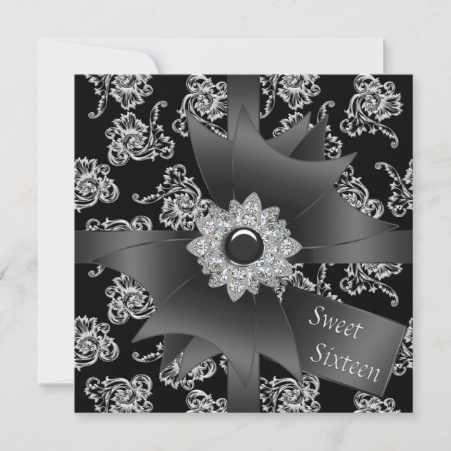 Invitación Negro Damask Black White Sweet 16 Fiesta (Anverso)