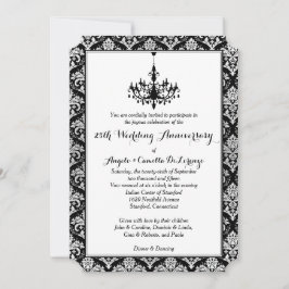 Invitación Negro, Damask Plata, Candil 25 Aniversario