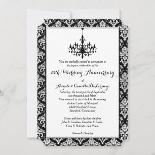 Invitación Negro, Damask Plata, Candil 25 Aniversario