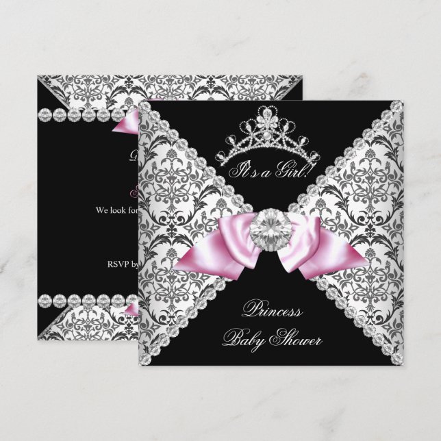 Invitación Negro Damask Rosa Bow Princesa Baby Shower Rosa (Anverso / Reverso)