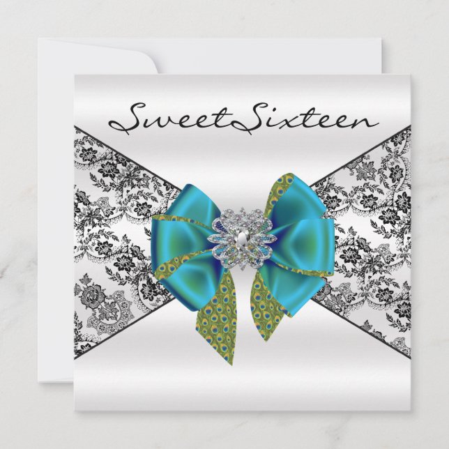 Invitación Negro Damask Verde azulado Peacock Sweteen (Anverso)