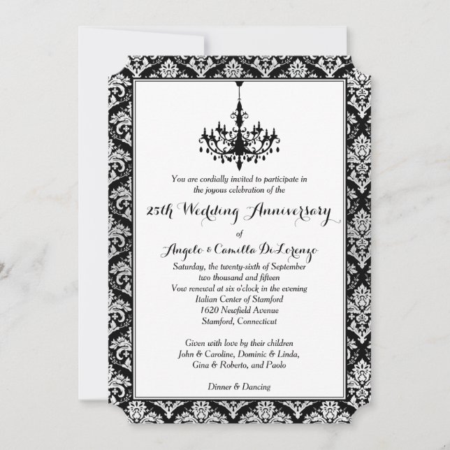 Invitación Negro, Damaskado Plateado, Candeliere 25 Aniversar (Anverso)