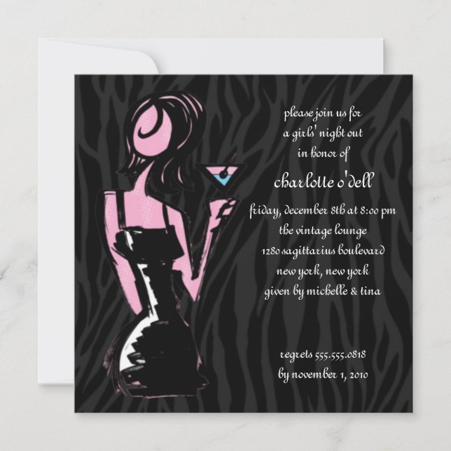 Invitación negro de la cebra; bachelorette (Anverso)