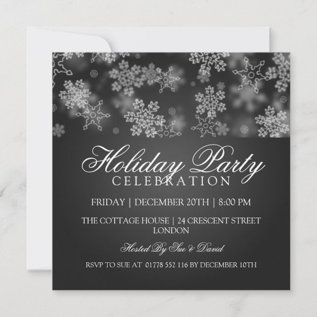 Invitación Negro de los copos de nieve de la celebración de (Anverso)