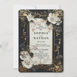 Invitación Negro de lujo y oro con diseño floral elegante