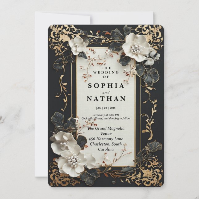 Invitación Negro de lujo y oro con diseño floral elegante (Anverso)