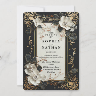 Invitación Negro de lujo y oro con diseño floral elegante