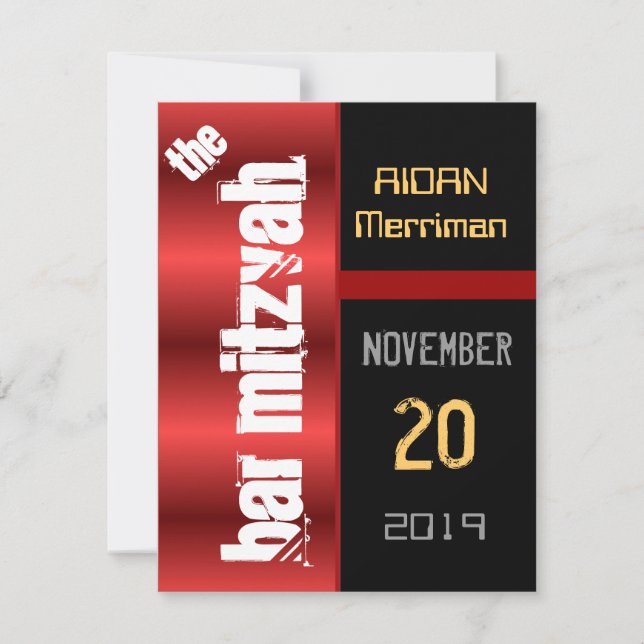 Invitación Negro de metal rojo Bat Mitzvah Bar Mitzvah (Anverso)