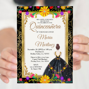 Invitación Negro de oro con flores mexicanas Quinceañera