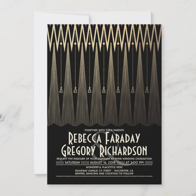 Invitación Negro del art déco y boda elegante de Gatsby del (Anverso)