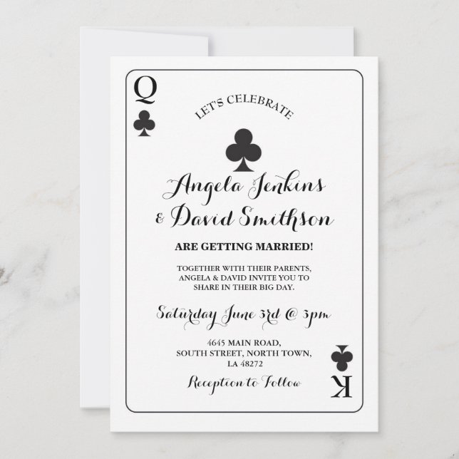 Invitación Negro del as del naipe de rey Queen Clubs de la (Anverso)