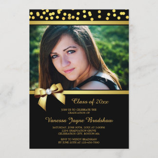 Invitación Negro del confeti del arco del oro de la