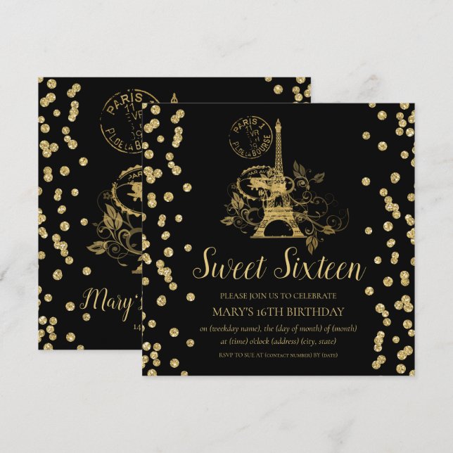 Invitación Negro del confeti del purpurina de París del dulce (Anverso / Reverso)