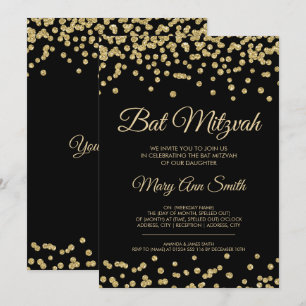 Invitación Negro del confeti del purpurina del oro de Mitzvah