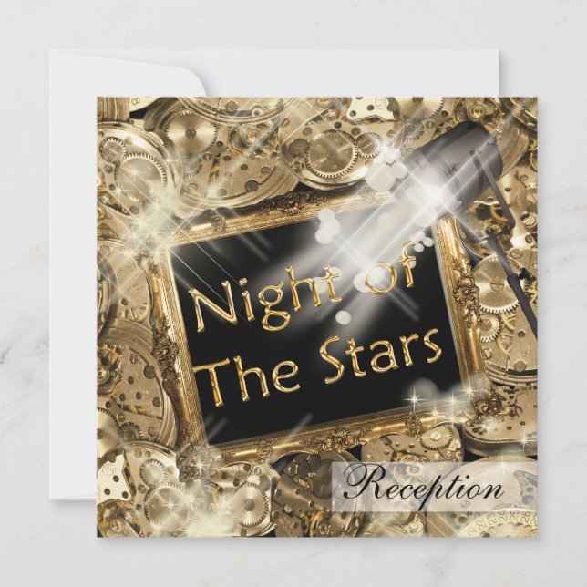 Invitación Negro del oro de la recepción nupcial de Hollywood (Anverso)